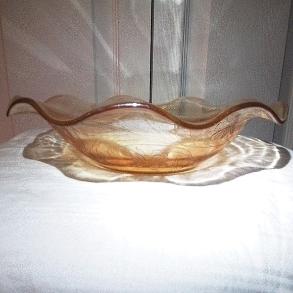 Anniversary Marigold Carnival Glass Centerpiece Bowl around 9" w and 2.5" t - Picture 2 of 3